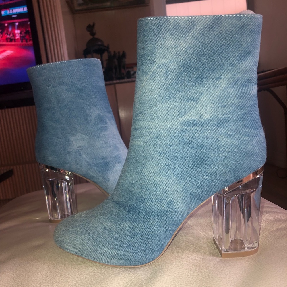 Denim Bootie Clear block Heels - never worn before